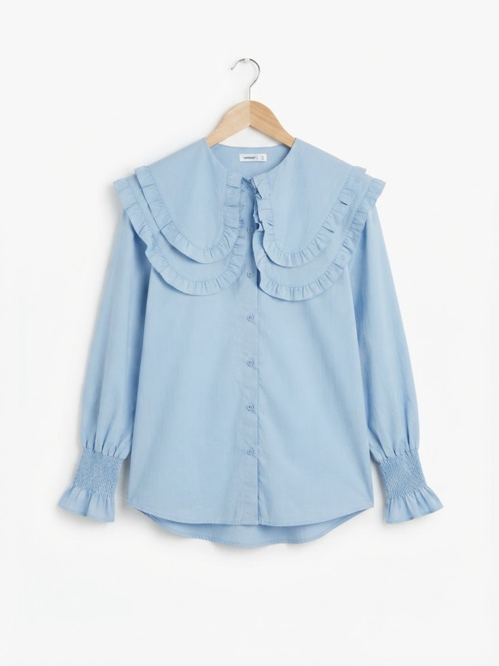 Valleygirl Blue Ruffled Collar Long Sleeve Blouse, One Size Cotton Prairie Core